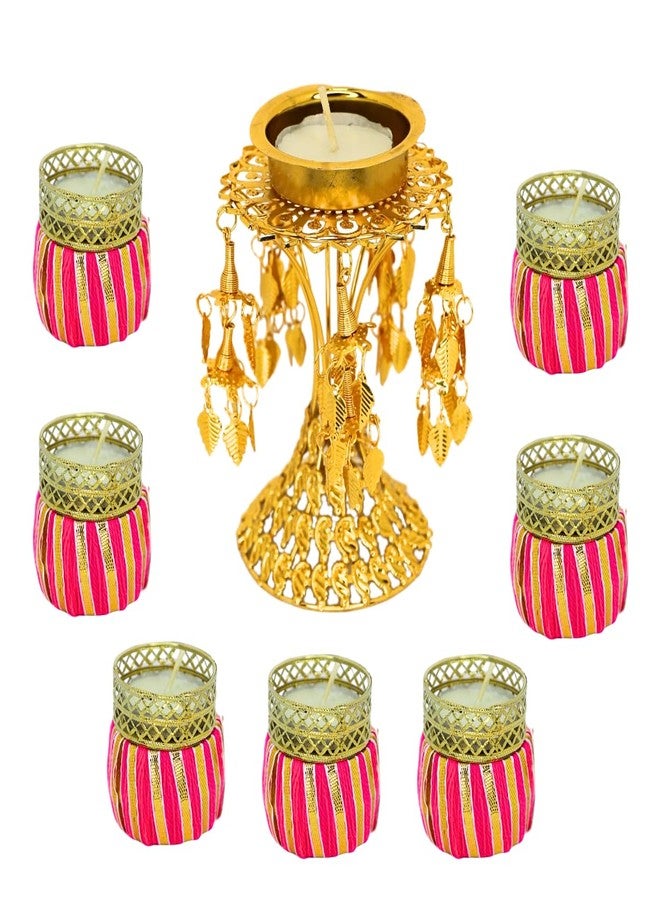 JWELLA Golden Stand Candle Holder with 7 Pink Shine Glow Bangle Tea Light Holders | Decorative Tealight Set for Diwali, Weddings, Pooja & Home Décor - Image 2
